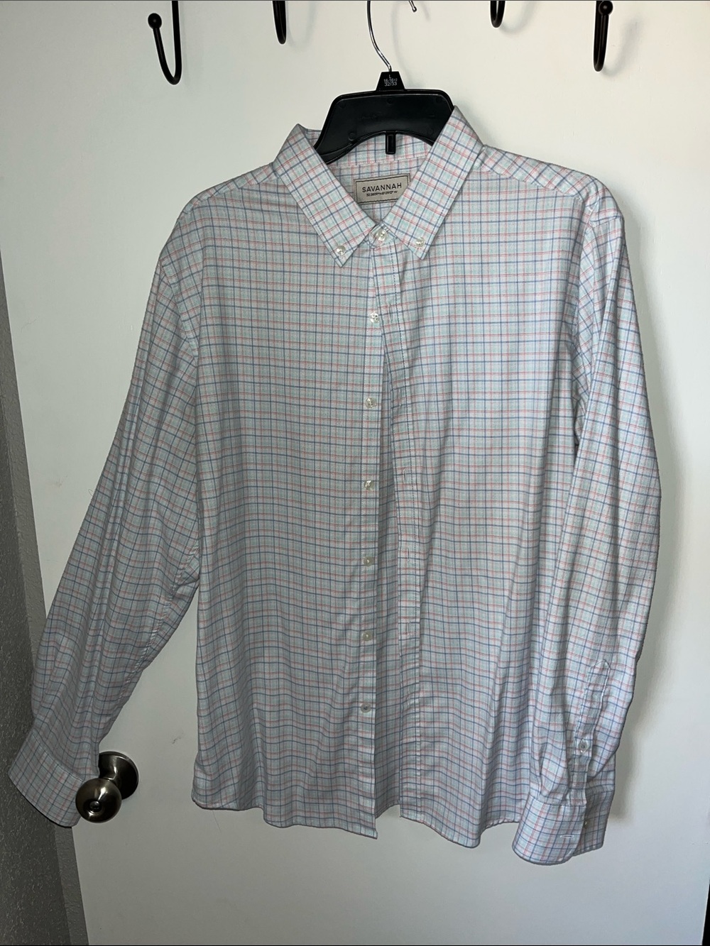 Savannah White Button-Down Shirt with Blue and Pink Windowpane